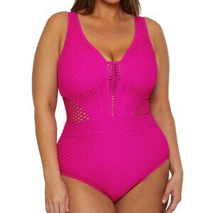 Becca Etc Plus Size Castaway Textured One-Piece Swimsuit - Azalea